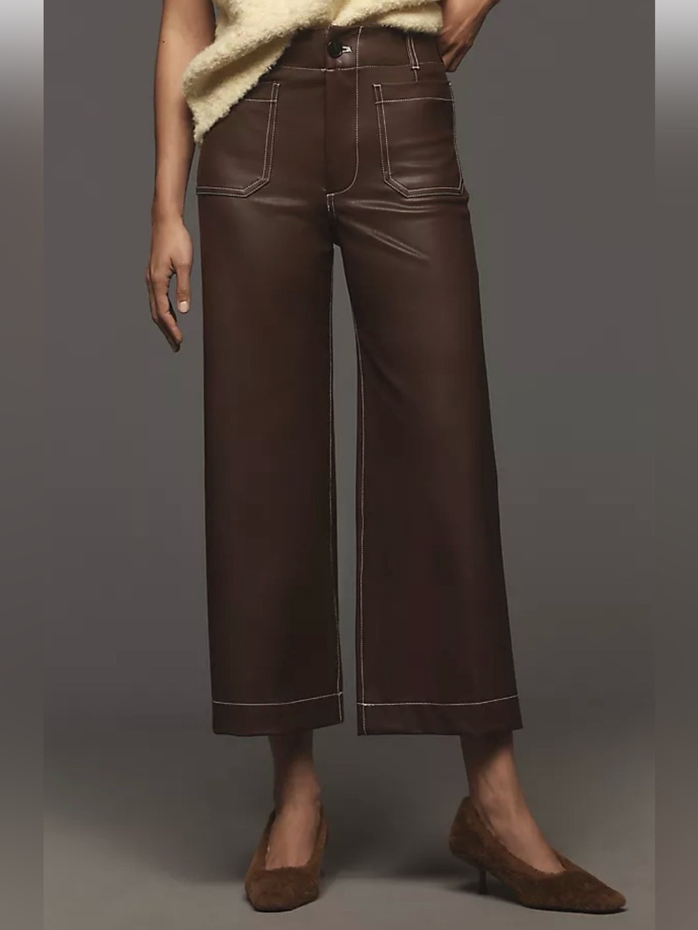 Maeve The Colette Faux Leather Top Stitch Wide-Leg Cropped Pants High rise Brown